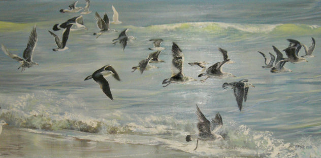 Untitled Seascape with Birds 1980 27x46 Original Painting by Ruth Mayer