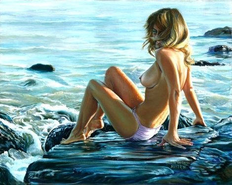 Laguna Beach on the Rocks (Nude) 1982  - California Original Painting - Ruth Mayer