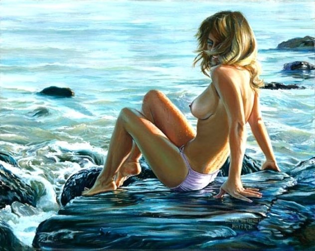 Laguna Beach on the Rocks (Nude) 1982  - California Original Painting by Ruth Mayer