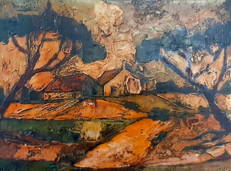 Untitled Farm Scene 1981 - 12x18 Oil on Canvas Original Painting - Jean-Claude Mayodon