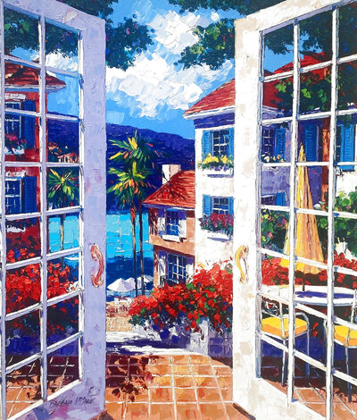 Balmy Bermuda Breeze 1997 - Embellished Serigraph on Canvas -  Huge 52x43 Limited Edition Print - Barbara McCann