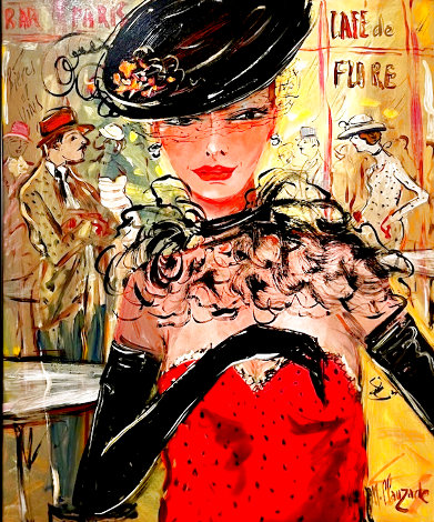 Cafe De Flore: Lady in Red 40x35-  Paris, France Original Painting - Marc Clauzade