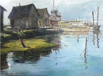 Boat Anchorage 18x24 Bodega Bay California Original Painting - Joshua Meador