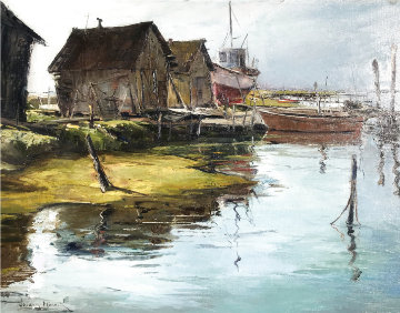 Boat Anchorage 16x24 - Bodega Bay California Original Painting - Joshua Meador