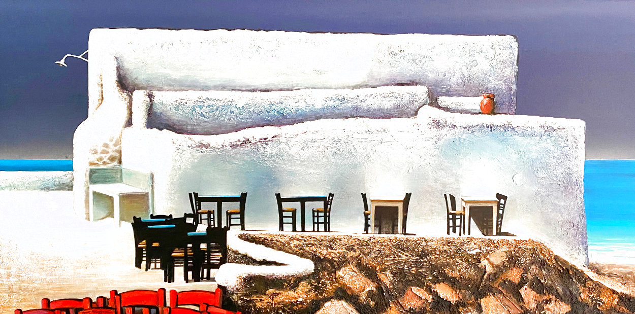 Tables By the Sea 1990 30x54 Huge Original Painting by Igor Medvedev