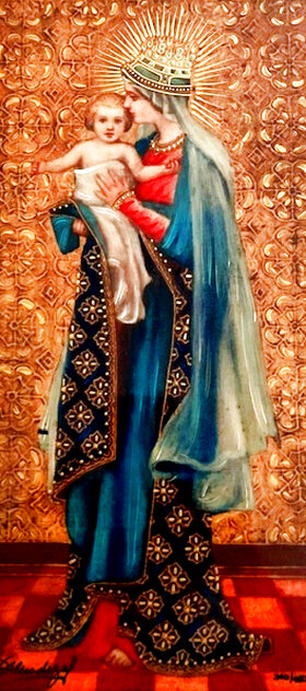 Madonna Reyna 2018 - Burl Wood Framed Embellished Caldograph Limited Edition Print by Diana Mendoza