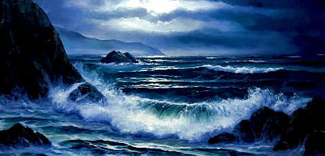 Moonlight Seascape 1970 26x50 - Huge Original Painting - Maurice Meyer
