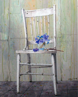 Blue Bouquet on Chair 2009 30x24 Original Painting - Michael Gorban