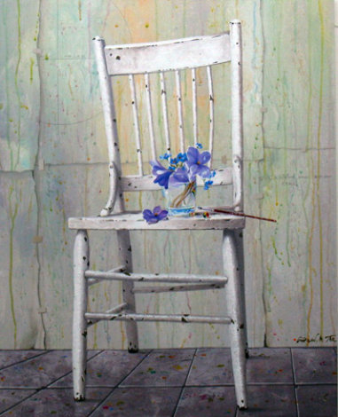 Blue Bouquet on Chair 2009 30x24 Original Painting - Michael Gorban