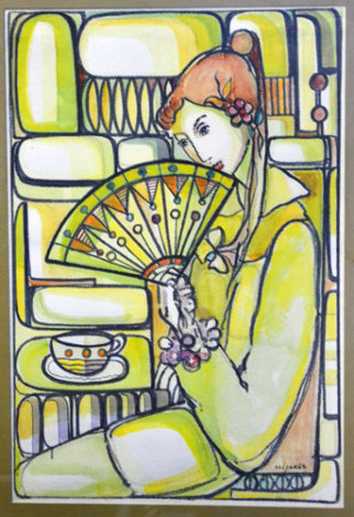 Girl Holding Fan Watercolor 36x29 Watercolor - Jose Mijares