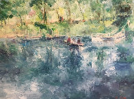 Drifting Lake And Boat 36x36 Original Painting by Henrietta Milan - 0 Drifting Lake And Boat 36x36 Original Painting by Henrietta Milan - 0
