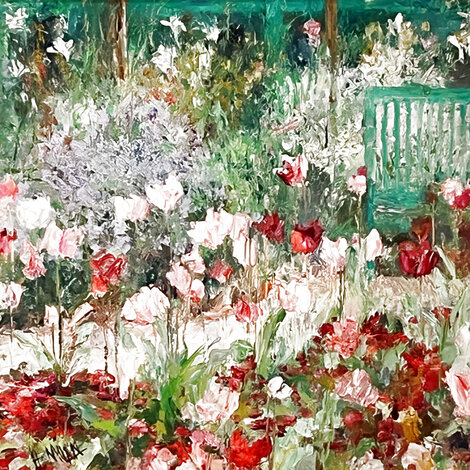 Tulips and Bench 1980  40x40 Oil on Canvas - Huge  - Giverny, France (Monet Garden) - Signed Twice Original Painting - Henrietta Milan