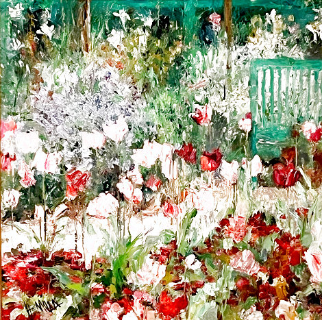 Tulips and Bench 1980 - Huge - Giverny, France (Monet Garden) 40x40 Original Painting - Henrietta Milan