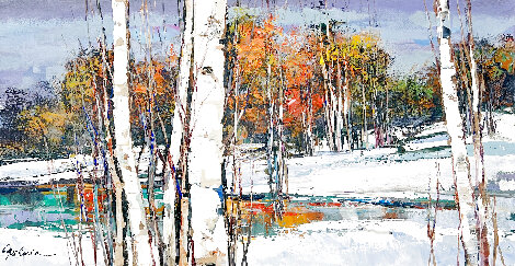 Untitled Winter Landscape 16x30 Original Painting - Michael Milkin