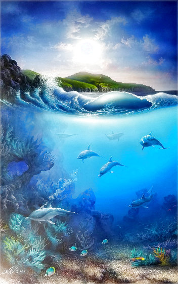 Moonlit Dolphins 1989 Oil Painting 36x24 by David Miller - For