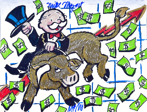 Monopoly Man Rides the Bull Market 2008 12x9 - New York - NYC Drawing -  MiMo