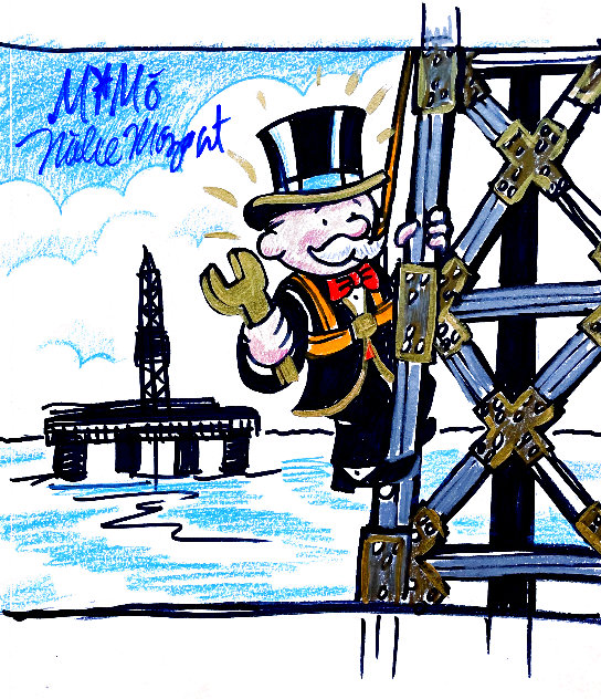 Monopoly Man Working on the Oil Rig 2008 12x9 - California Drawing by  MiMo