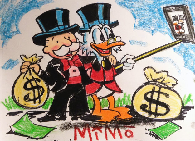 MiMo, Mike Mozart paintings of Mr Monopoly Guy, Uncle Scrooge McDuck, and  Richie Rich hand painted onto Louis Vuitton bags!