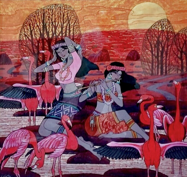 Charming the Flamingos 2004 48x48 - Huge - Florida Original Painting by Zu Ming Ho