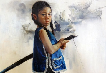 Little Rowing Girl 1972 31x43 Huge Original Painting - Wai Ming