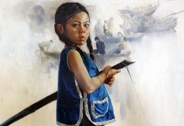 Little Rowing Girl 1972 31x43 Super Huge Original Painting - Wai Ming Little Rowing Girl 1972 31x43 Super Huge Original Painting - Wai Ming