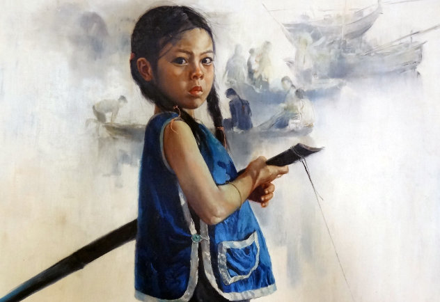 Little Rowing Girl 1972 31x43 Huge Original Painting by Wai Ming