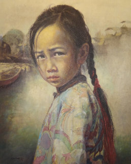 Ponytail Girl 1973 26x22 Original Painting - Wai Ming Ponytail Girl 1973 26x22 Original Painting - Wai Ming