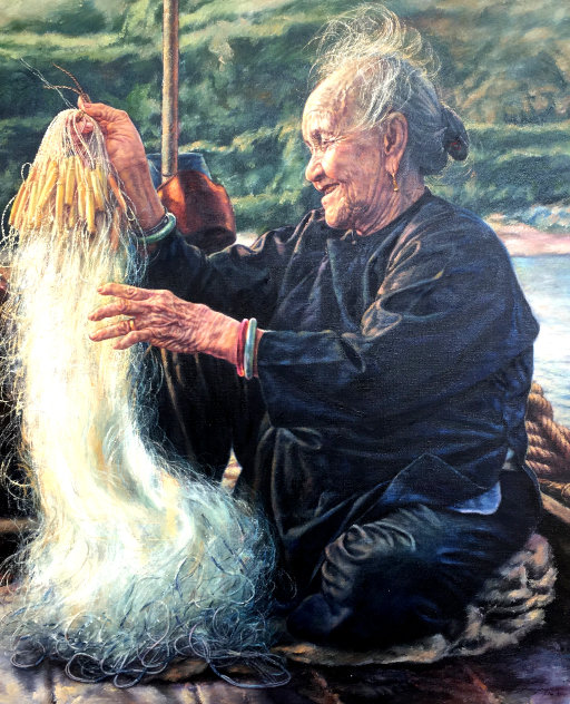 Happy Grandmother 1986 40x34 Huge Original Painting by Wai Ming