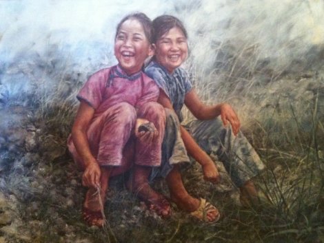 Two Happy Fish Girls 1976 38x50 Huge Original Painting - Wai Ming