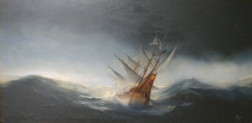 Untitled Seascape with Ship 1968 32x56 Huge Original Painting - Ed Miracle Untitled Seascape with Ship 1968 32x56 Huge Original Painting - Ed Miracle