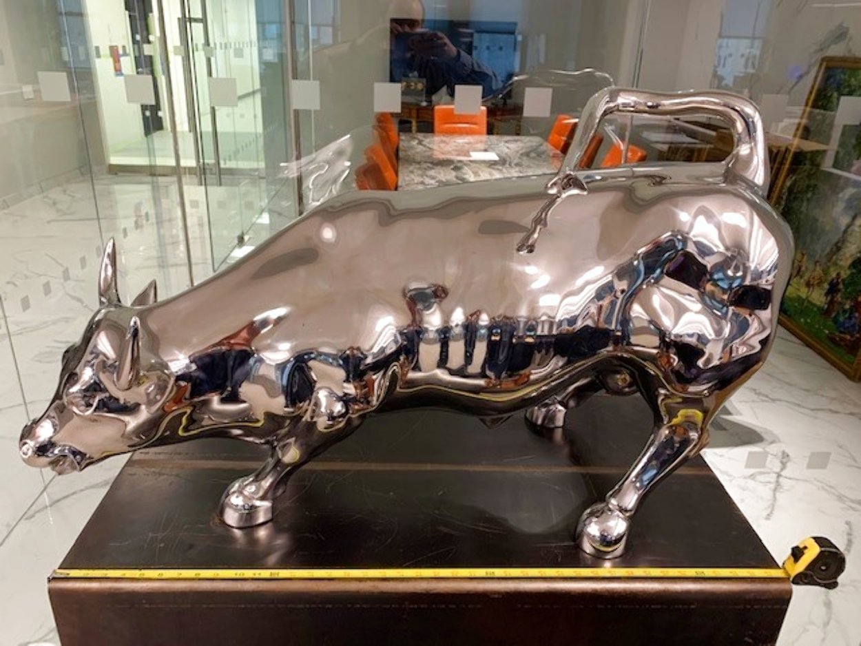 Charging Bull Polished Stainless Sculpture (Wall Street) 26 in Sculpture by Arturo Di Modica