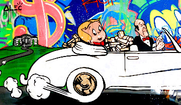 Richie Driven White Rolls Gold Filled 2014 60x99 - Huge Original Painting - Alec Monopoly
