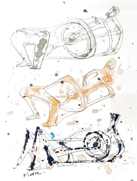 Three Reclining Figures Ink and Watercolor Drawing 1962 11x9 HS Works on Paper (not prints) by Henry Moore