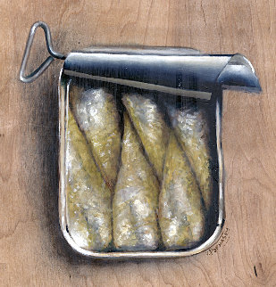 Sardines in a Can on Wood 2015 12x12 Original Painting - Victor Mordasov Sardines in a Can on Wood 2015 12x12 Original Painting - Victor Mordasov