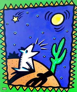 Coyote Howling at Moon 1992 62x42 - Huge Original Painting - Burton Morris
