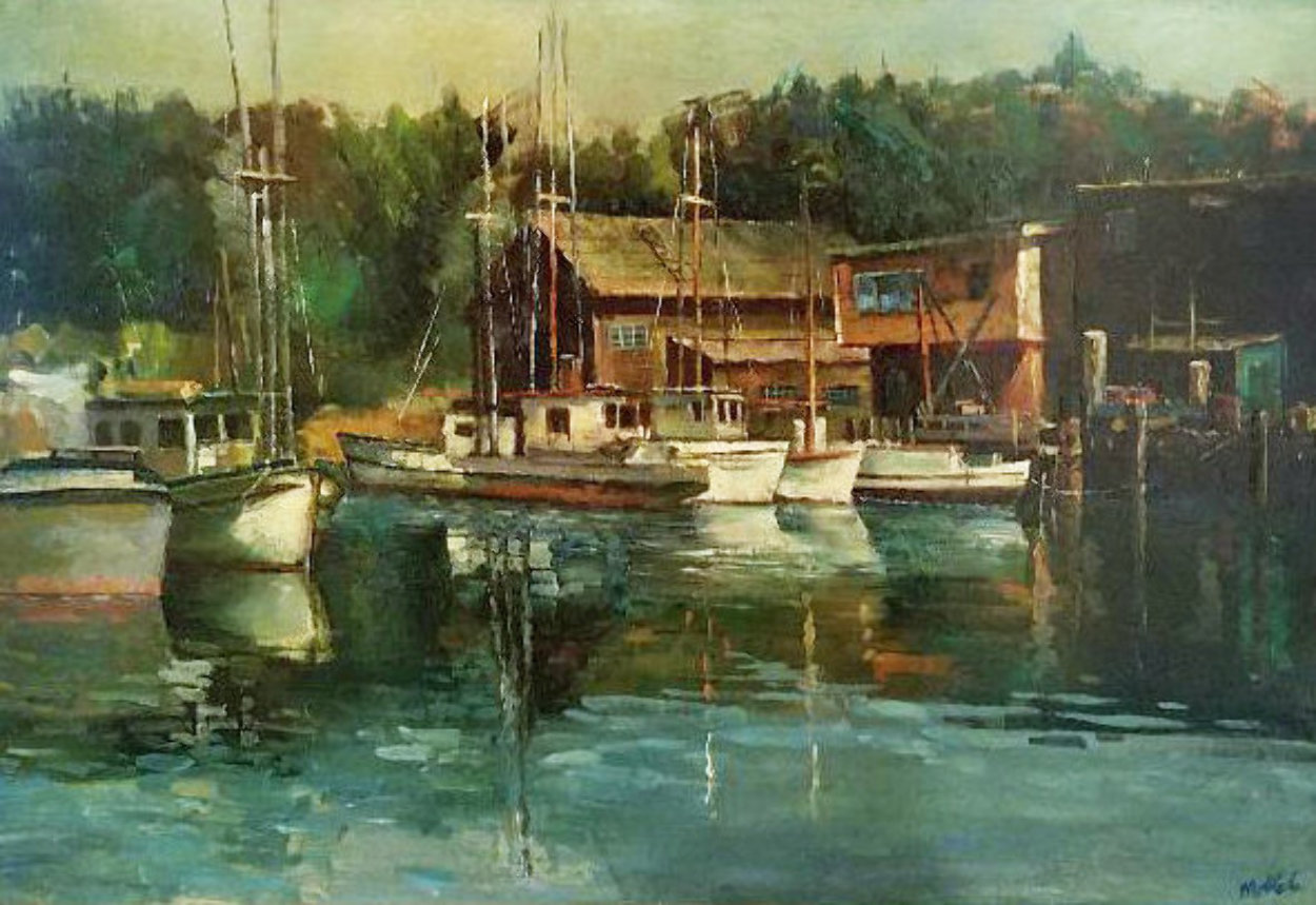 Boats At Noyo 1963 30x41 Huge Original Painting by Fil Mottola