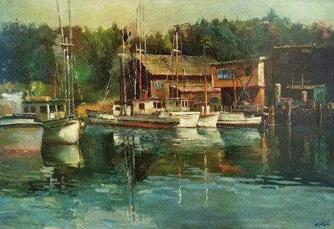 Boats At Noyo 1963 30x41 Huge Original Painting - Fil Mottola