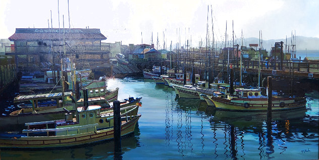 Fishermans Wharf San Francisco 1974 33x57  Huge Original Painting by Fil Mottola