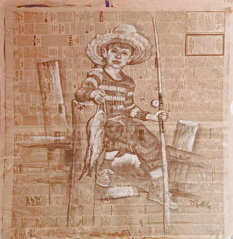 Untitled Early Portrait on 1991 Newspaper - 27x22 Drawing - Fil Mottola
