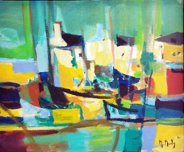 Port Aux Maisons Jaunes (Harbor of Yellow Houses) 1990 27x31 Original Painting - Marcel Mouly Port Aux Maisons Jaunes (Harbor of Yellow Houses) 1990 27x31 Original Painting - Marcel Mouly