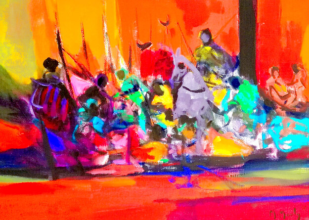 Les Guerriers 1995 24x32 Original Painting - Marcel Mouly
