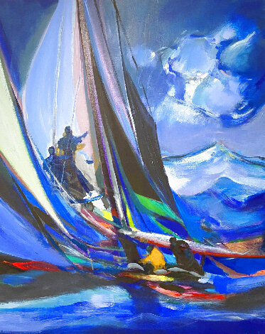 Yachtsmen and Grande Nuages 1990 72x59 - Huge Mural Size Original Painting - Marcel Mouly