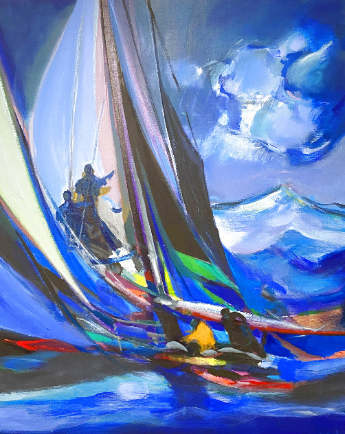 Yachtmen and Grande Nuages 1990 72x59 - Huge Mural Size Original Painting by Marcel Mouly