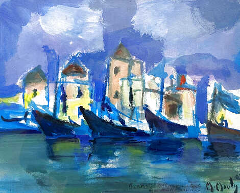 Untitled European Harbor Scene 2003 22x24 Original Painting - Marcel Mouly