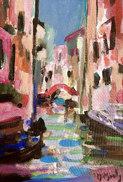 Le Canal Rose 2000 18x14 - Venice, Italy - Signed Twice Original Painting - Marcel Mouly