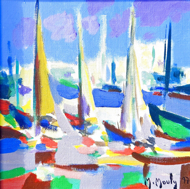Les Trois Voilers 1997 18x18 Acrylic on Canvas - Signed Twice Original Painting - Marcel Mouly