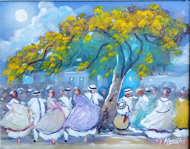 Baile De Bomba Y Plena Bajo Flamboyan Amarillo 1980 11x14 Original Painting by Ivan Moura