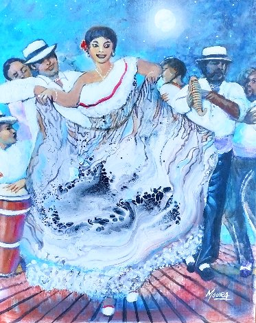 Baile De Bomba Y Plena En Luz De Luna 1980 20x15 Original Painting - Ivan Moura