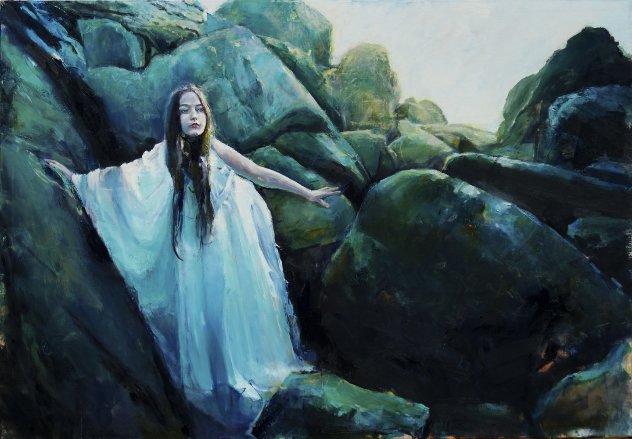 Mermaid Has Climber To Shore, She Waits For the Prince Who Will Bring Immortality. 40x59 Original Painting by Kristian Mumford