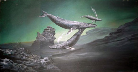 Untitled Whales Painting 1979 18x36 EARLY Original Painting - Robert Lyn Nelson